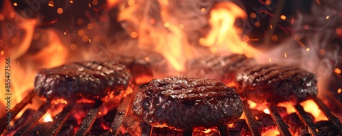 Grilled beef burgers on a barbecue with flames, close-up. Summer outdoor grilling concept