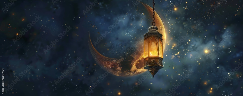 Naklejka premium Hanging lantern with crescent moon in a starry night sky, celestial dreamscape concept