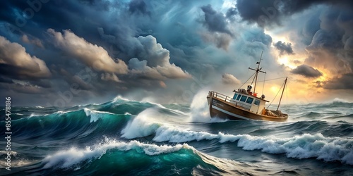 The boat is in distress. A ship sails through a turbulent storm in a rough sea, on the brink of sinking. The intervention of mercy in the sky could prevent a disaster. photo
