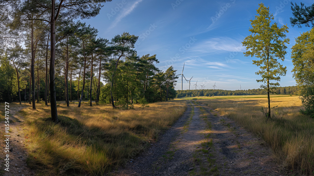 A field with trees and a road in the middle