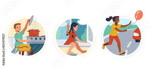 Little children accidents risk flat color vector icon set. Kids safety awareness in situations round illustration pack on white background