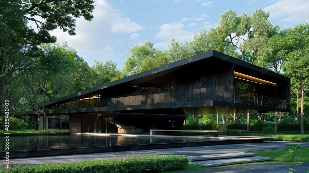 Modern architectural house with sleek black exterior surrounded by lush trees and green landscape, showcasing contemporary design. Modern architectural house with sleek black exterior surrounded by lush trees and green landscape, showcasing contemporary design.