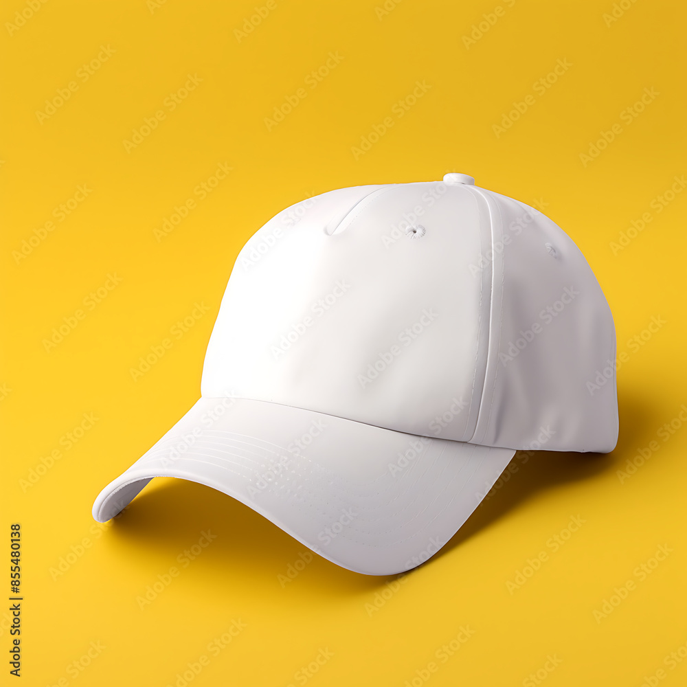Fototapeta premium White Baseball Cap Mockup on a yellow background. 3d Rendering