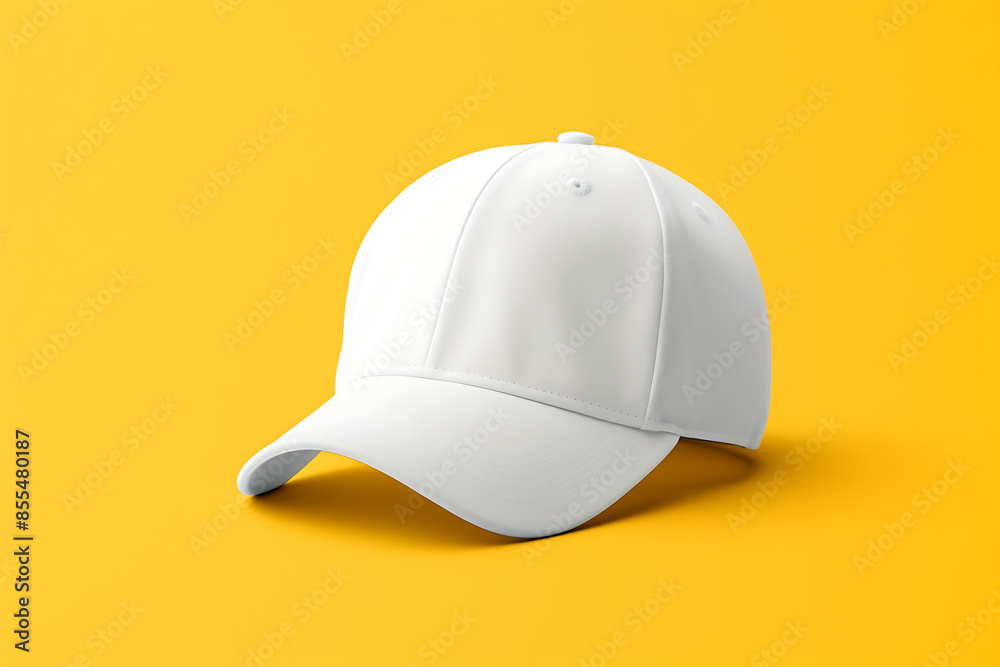 Fototapeta premium White Baseball Cap Mockup on a yellow background. 3d Rendering