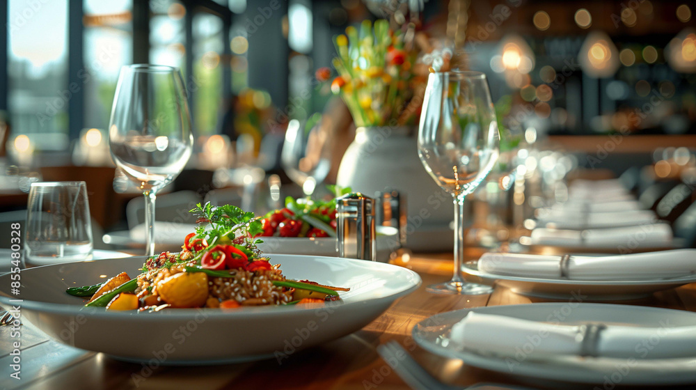 Dinner table is a grand display of shiny white plates and bowls Dinner table is a grand display of shiny white plates and bowls