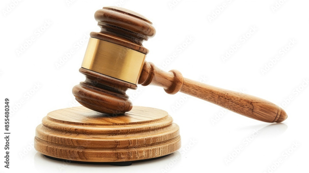 Wooden gavel resting on a sound block, symbolizing justice, law, and courtroom authority, isolated on a white background.