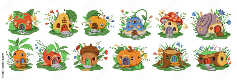 Obraz premium Large set of various fairy houses of gnome or fairy. A house on a green lawn decorated with flowers and leaves. The house has a wooden door and windows