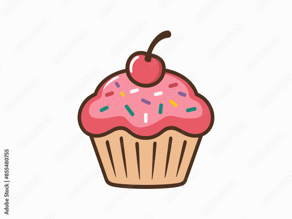 Charming Cupcake with Pink Frosting and Cherry on White Background Charming Cupcake with Pink Frosting and Cherry on White Background
