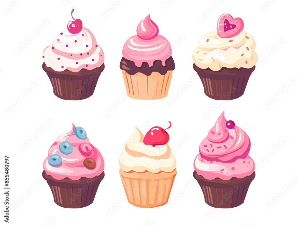 Set of Six Cute Cupcake Illustrations on White Background Set of Six Cute Cupcake Illustrations on White Background