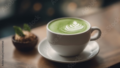 view of elegant photo Matcha latte in a cup