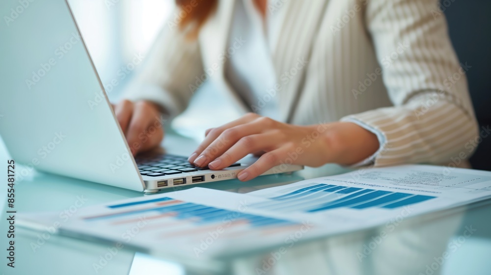 Businesswoman using computer and Analyzing Financial Reports Businesswoman using computer and Analyzing Financial Reports