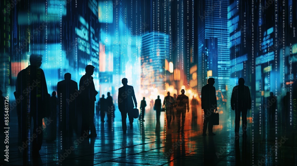Abstract Silhouetted Figures in Cityscape with Glowing Digital Stock Market Screen Abstract Silhouetted Figures in Cityscape with Glowing Digital Stock Market Screen