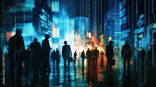 Abstract Silhouetted Figures in Cityscape with Glowing Digital Stock Market Screen © Lab_Photo