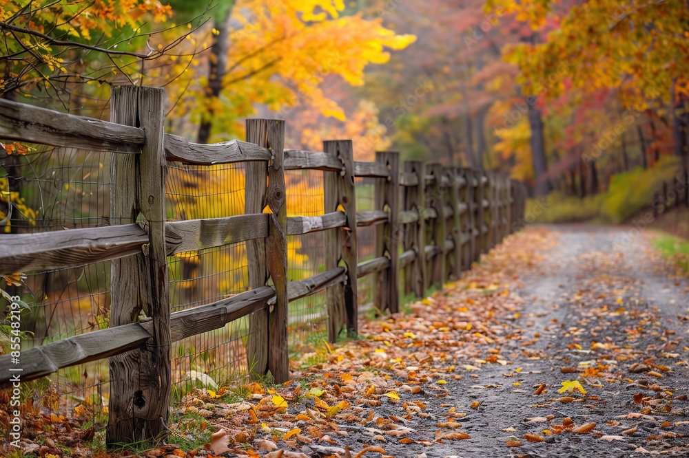 Autumn Pathway Rustic Wooden Fence, Fall Colors, Scenic Walkway Autumn Pathway Rustic Wooden Fence, Fall Colors, Scenic Walkway