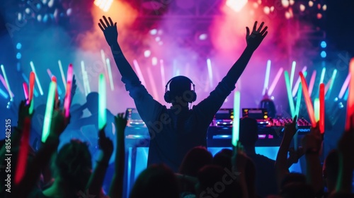 Silhouette of a DJ performing at a club, with partygoers dancing and waving glow sticks in the air. 