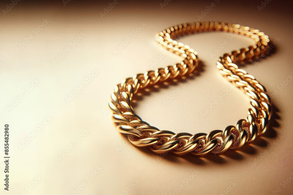 A gold chain lying on a clean surface. Space for text. A gold chain lying on a clean surface. Space for text.