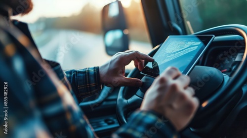Close-Up of Truck Driver Using Tablet for Navigation in Cabin Seat