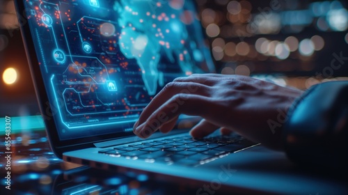 Close-Up of Software Engineer Typing with Holographic Customer Support and Global Network Displays