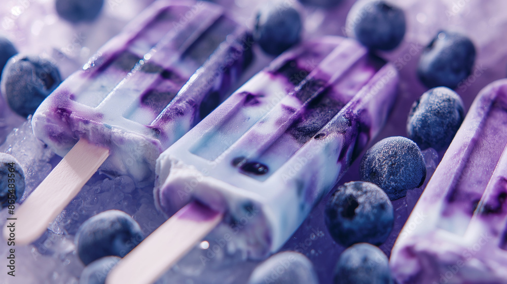 Chilled blueberry cream pops, a closeup image of chilled blueberry cream pops, their deep blue swirled with white, set against a crisp background Chilled blueberry cream pops, a closeup image of chilled blueberry cream pops, their deep blue swirled with white, set against a crisp background