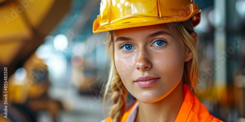 A woman wearing a yellow helmet and orange vest. Concept of professionalism and safety.