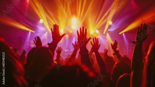 Silhouette of a crowd cheering and clapping at a concert, with colorful stage lights in the background.  © kimly