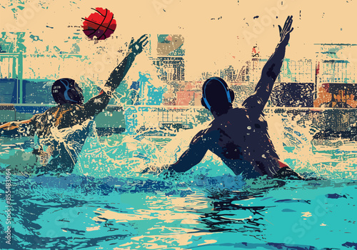 Water Polo Action: A vibrant, retro-inspired illustration depicting two athletes engaged in a water polo match, showcasing the intensity and athleticism of the sport