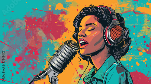 Woman with headphone and a microphone art paint background wallpaper, vector illustration, recording a podcast