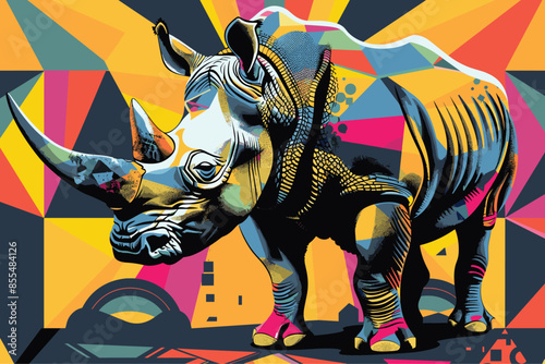 A rhino art paint background wallpaper, realistic vector illustration, pop art style
