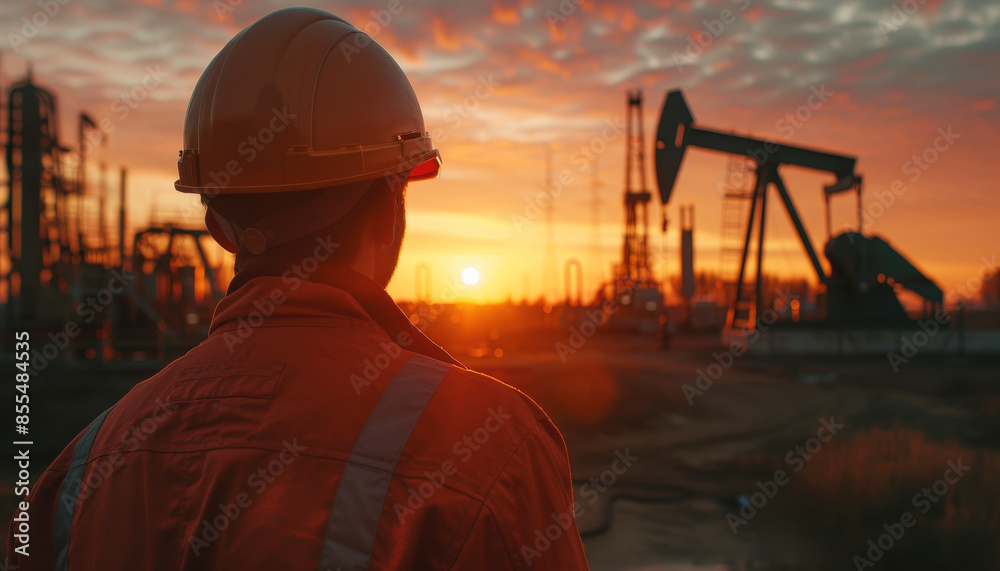 An oil rig worker, wearing a helmet and reflective gear, watches the sunset over a landscape of oil pumps and industrial equipment. An oil rig worker, wearing a helmet and reflective gear, watches the sunset over a landscape of oil pumps and industrial equipment.