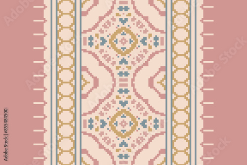 Traditional Floral pixel art seamless pattern. Vector Design for fabric, tile, embroidery, carpet, background, and wallpaper.