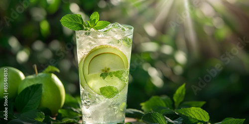 A refreshing green apple spritzer, served in a tall glass filled with ice and slices of green apple, garnished with a mint sprig
