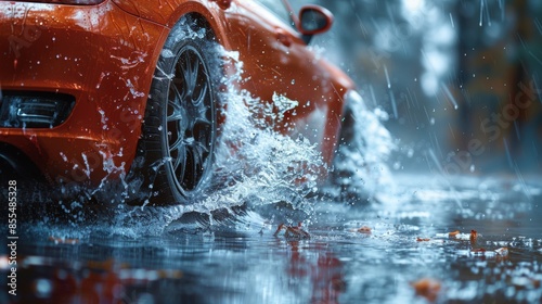 Car tires on a rainy highway.
