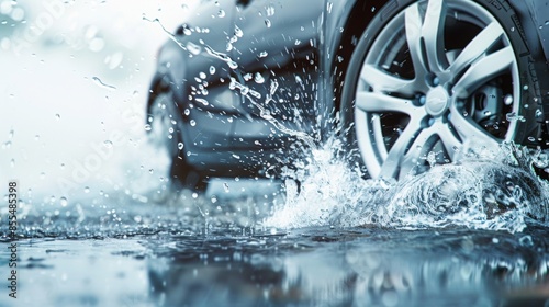 Car wheels and tires covered in splashes of water.