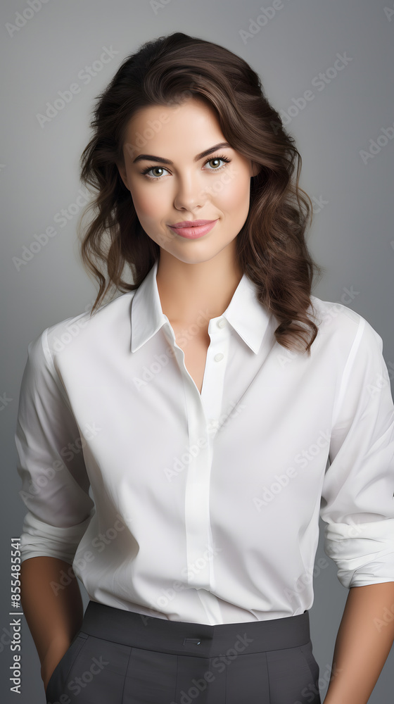 Happy young business woman posing isolated over grey wall background. Happy young business woman posing isolated over grey wall background.