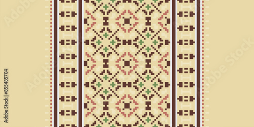 Traditional Floral pixel art seamless pattern. Vector Design for fabric, tile, embroidery, carpet, background, and wallpaper.