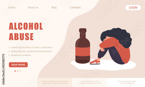 Alcohol abuse. Landing page template. Depressed woman sitting on floor and hugging her knees. Alcoholic mother. Vector illustration in flat cartoon style.