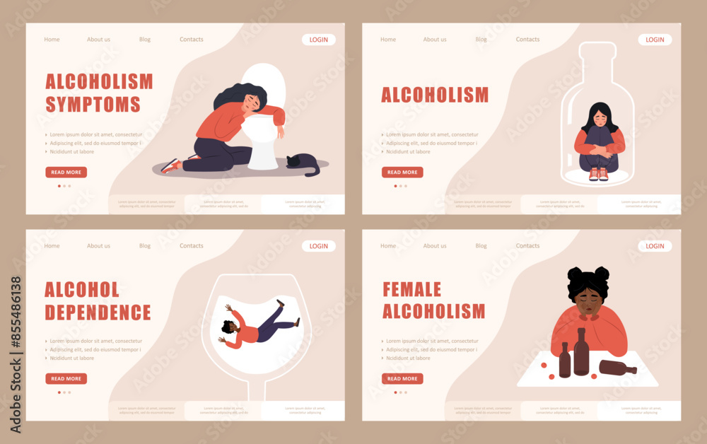Alcoholism concept. Set of Landing page template. Depressed Female ...