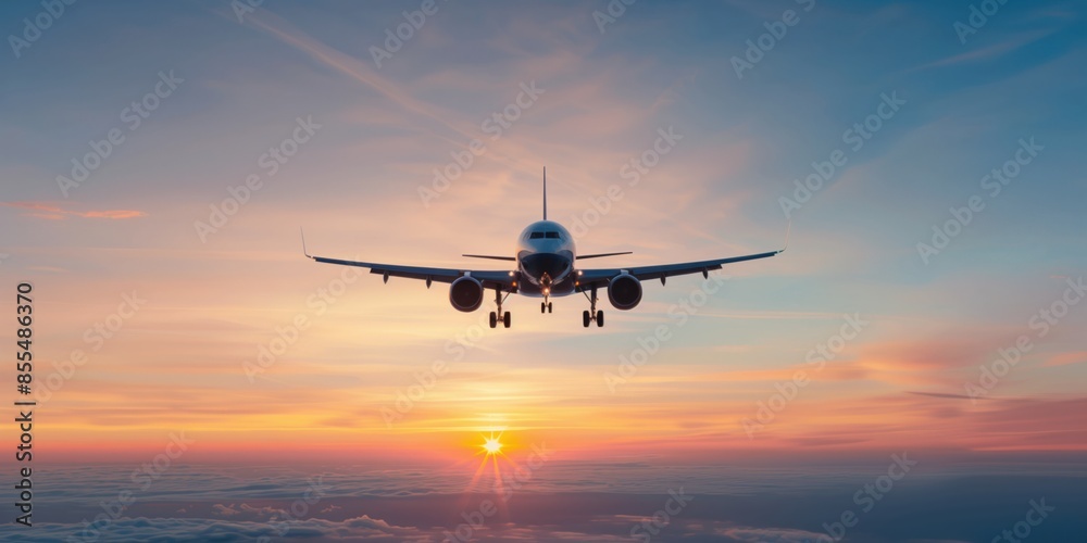 Passenger Airplane Flying at Sunrise with a Beautiful Sky and Clouds, Capturing the Serene Morning Atmosphere in the Sky Passenger Airplane Flying at Sunrise with a Beautiful Sky and Clouds, Capturing the Serene Morning Atmosphere in the Sky