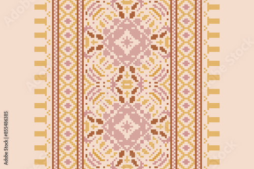 Traditional Floral pixel art seamless pattern. Vector Design for fabric, tile, embroidery, carpet, background, and wallpaper.