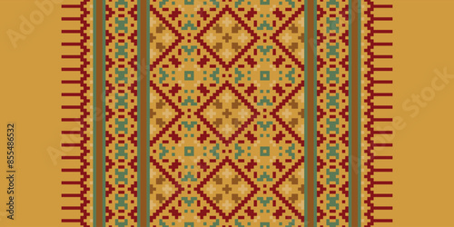 Traditional Floral pixel art seamless pattern. Vector Design for fabric, tile, embroidery, carpet, background, and wallpaper.