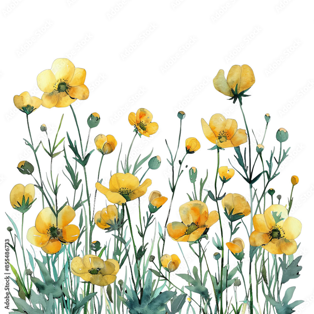 Watercolor painting of a beautiful field of yellow flowers in full bloom. Perfect for springtime and nature-themed projects. Watercolor painting of a beautiful field of yellow flowers in full bloom. Perfect for springtime and nature-themed projects.