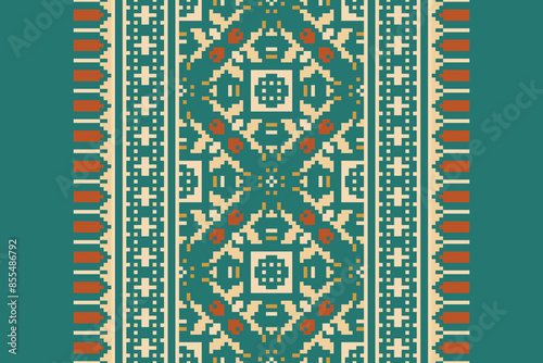 Traditional Floral pixel art seamless pattern. Vector Design for fabric, tile, embroidery, carpet, background, and wallpaper.
