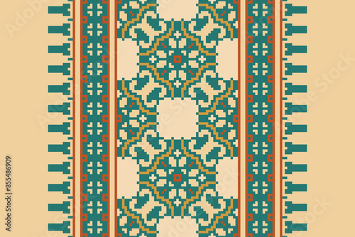 Traditional Floral pixel art seamless pattern. Vector Design for fabric, tile, embroidery, carpet, background, and wallpaper.
