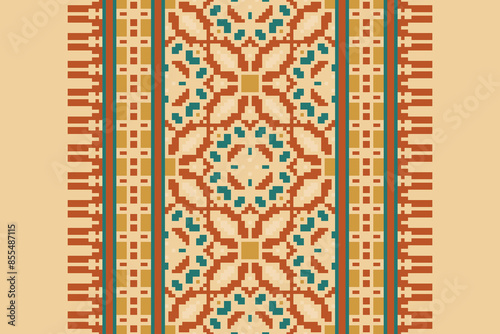 Traditional Floral pixel art seamless pattern. Vector Design for fabric, tile, embroidery, carpet, background, and wallpaper.