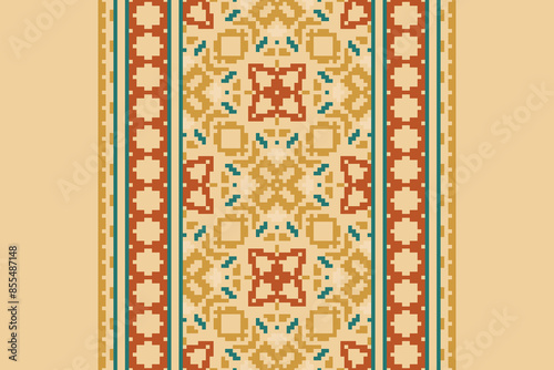 Traditional Floral pixel art seamless pattern. Vector Design for fabric, tile, embroidery, carpet, background, and wallpaper.