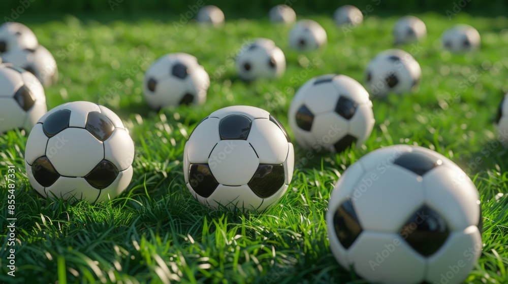 A pile of soccer balls on the grass. A pile of soccer balls on the grass.