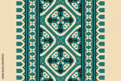Traditional Floral pixel art seamless pattern. Vector Design for fabric, tile, embroidery, carpet, background, and wallpaper.