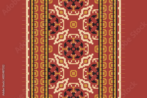 Traditional Floral pixel art seamless pattern. Vector Design for fabric, tile, embroidery, carpet, background, and wallpaper.
