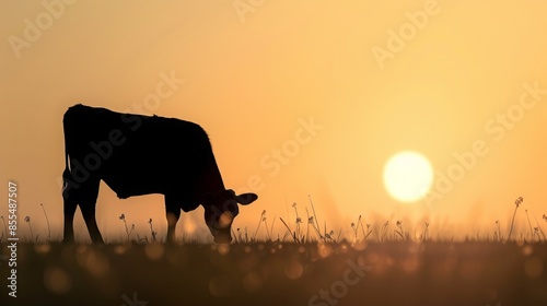 Grazing cows in a meadow, silhouettes of cows in different positions, at sunset.