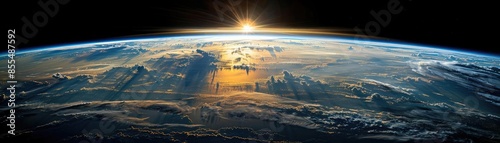Breathtaking view of Earth's horizon with sun rising over the planet, casting light across the atmosphere and clouds. photo